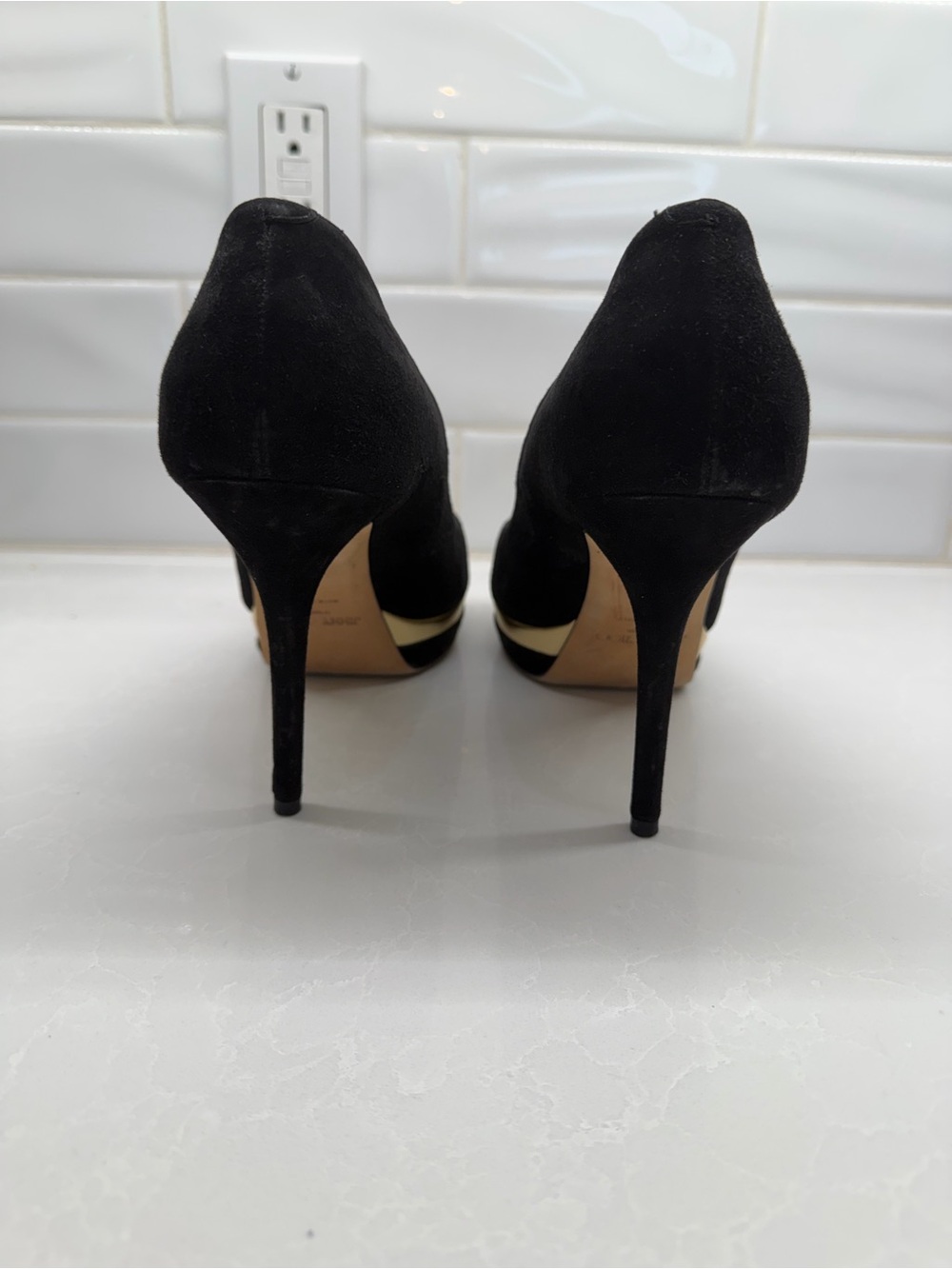 Jimmy Choo Black Suede Peep-Toe Pumps with Gold Toe Cap - Picture 3 of 4